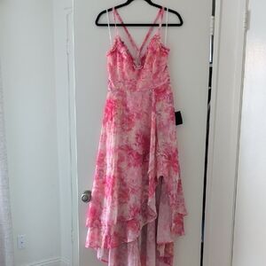 Lulu's Pink Floral High-Low V-Neck Dress